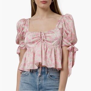 Wayf Pink Floral Puff-Sleeve Tie-Front Peplum Top